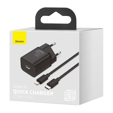 Мережевий зарядний пристрій Baseus Super Si Quick Charger 20W Sets Black + Type-C to Lightning (TZCCSUP-B01) 02114 фото