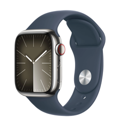 Apple Watch Series 9 GPS + Cellular 41mm Silver Stainless Steel Case with Storm Blue Sport Band - S/M (MRJ23) 4474 фото