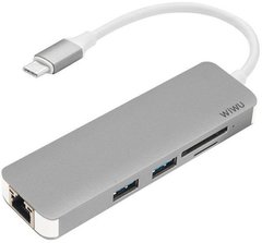 WIWU хаб T4 USB-C на RJ45 + SD + micro SD + 2xUSB3.0 сірий