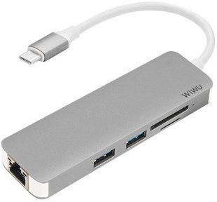 WIWU хаб T4 USB-C на RJ45 + SD + micro SD + 2xUSB3.0 серый 2194 фото